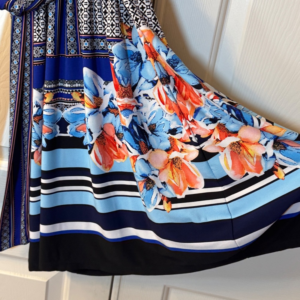 Miami Belted Sleeveless Patterned Blue & Orange Floral V-Neck Dress Womens SzM - Picture 2 of 6
